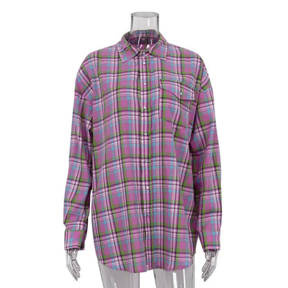 Plaid Blouse Pink Retro Loose Long Sleeve Tops Autumn Trun Down Cotton Shirts Autumn