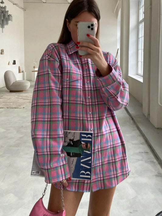 Plaid Blouse Pink Retro Loose Long Sleeve Tops Autumn Trun Down Cotton Shirts Autumn