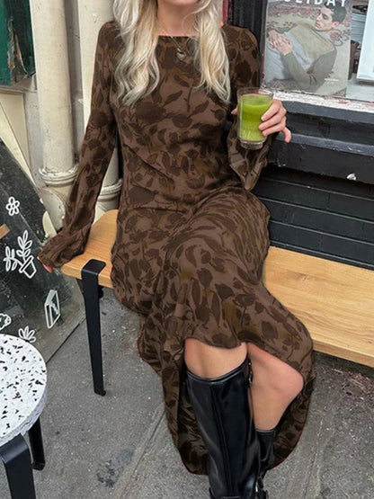 New Street Slim Retro Print High Waist Femme Bodycon Maxi Dress