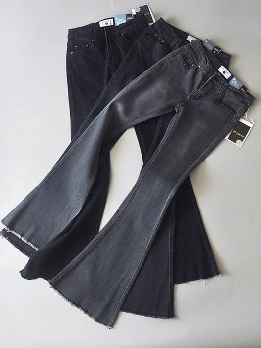 Retro Low Waist Blue Jeans for Bodycon Flared Pants Basic Slim Fit Summer Street Jeans Woman