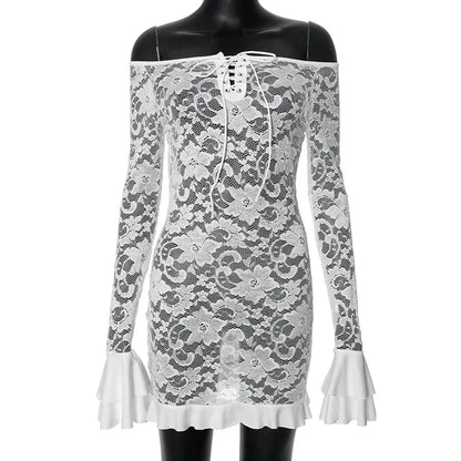 Ruffle Lace Dress for Off Shoulder Bandage See Through Mini Dresses Summer Beach Backless Holiday Dress Woman