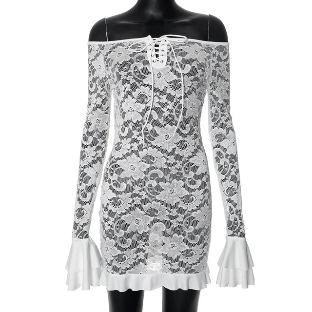 Ruffle Lace Dress for Off Shoulder Bandage See Through Mini Dresses Summer Beach Backless Holiday Dress Woman