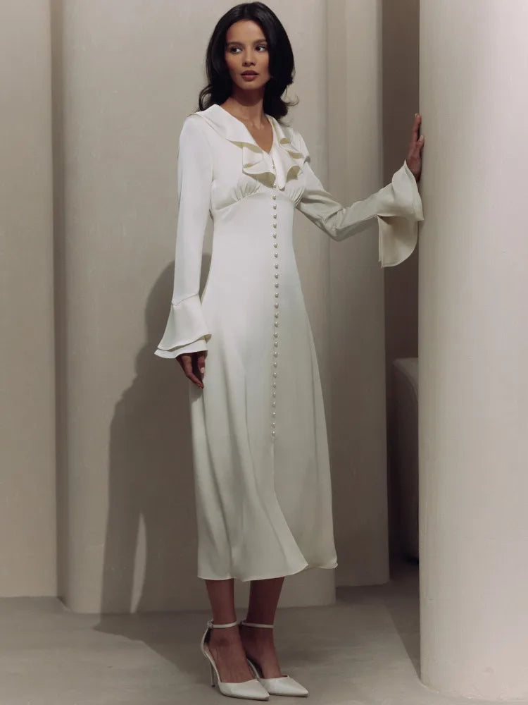 Ruffle V Neck Dress for Slim Long Sleeve High Waist Temperament Dresses Femme Party Slit Long Dress Woman