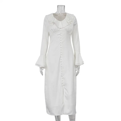Ruffle V Neck Dress for Slim Long Sleeve High Waist Temperament Dresses Femme Party Slit Long Dress Woman