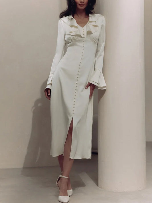 Ruffle V Neck Dress for Slim Long Sleeve High Waist Temperament Dresses Femme Party Slit Long Dress Woman