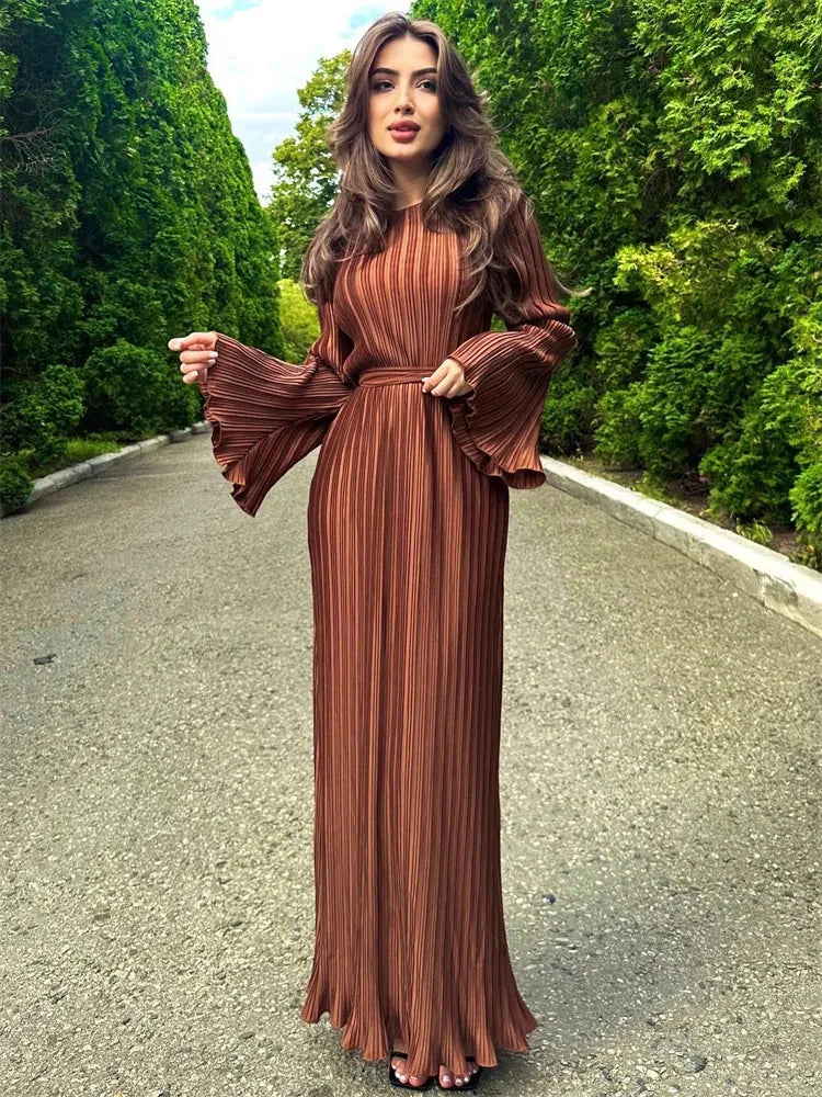 Ruffled Lace Up Maxi Dresses for Ribbed High Waist Long Dress ’s Bandage Femme Dress Autumn