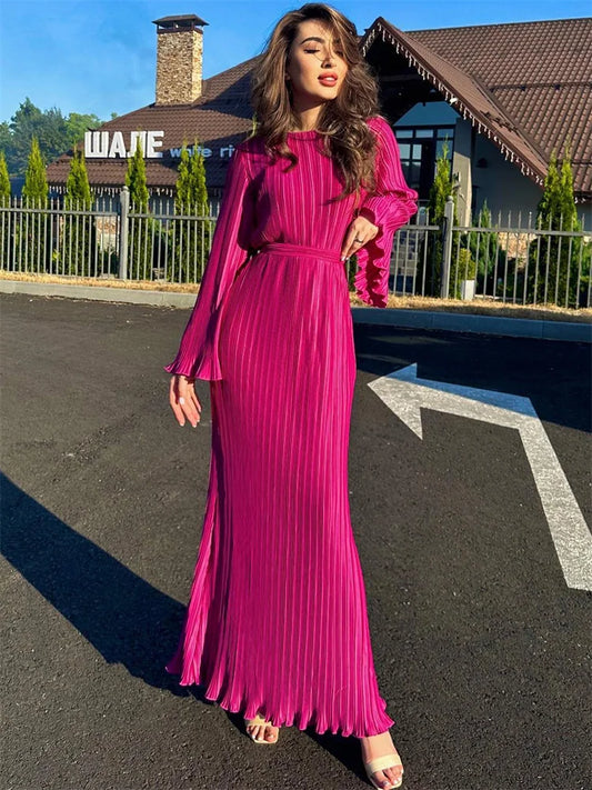 Ruffled Lace-up Ribbed Maxi Dress for Long Sleeve High Waist Party Dress Autumn Bandage Dress