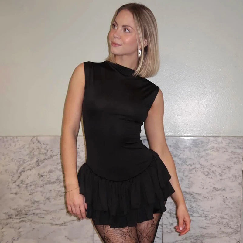 Ruffles Splice Vest Mini Dress for Sleeveless Slim Fit Color Hot Girl Club Party Dress Female