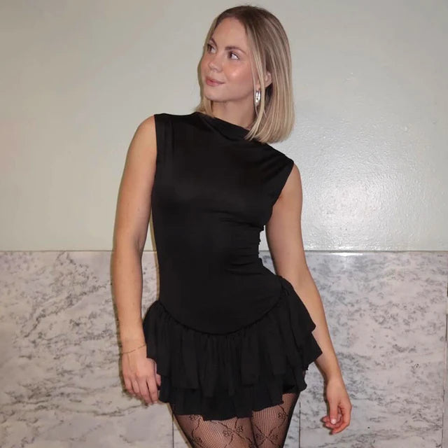 Ruffles Splice Vest Mini Dress for Sleeveless Slim Fit Color Hot Girl Club Party Dress Female