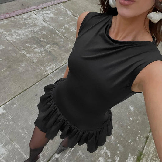 Ruffles Splice Vest Mini Dress for Sleeveless Slim Fit Color Hot Girl Club Party Dress Female