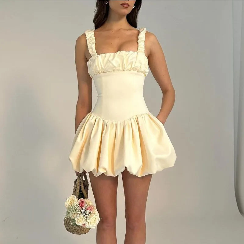 Satin Suspender Mini Dress for Ball Gown Splice Sleeveless Ruched Summer New Princess Party Dress Female