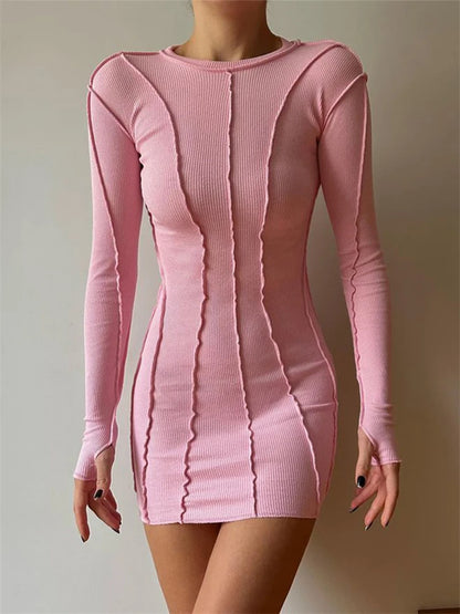 Screw Thread Mini Dress for Spring Ribbed Long Sleeve Bodycon Dresses Pink Streerwear Elastic Vestidos