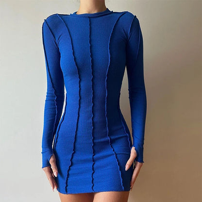 Screw Thread Mini Dress for Spring Ribbed Long Sleeve Bodycon Dresses Pink Streerwear Elastic Vestidos