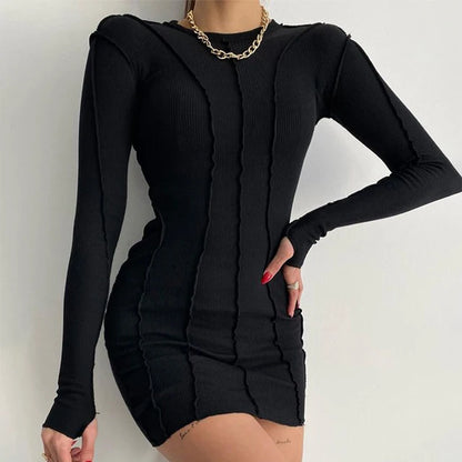 Screw Thread Mini Dress for Spring Ribbed Long Sleeve Bodycon Dresses Pink Streerwear Elastic Vestidos