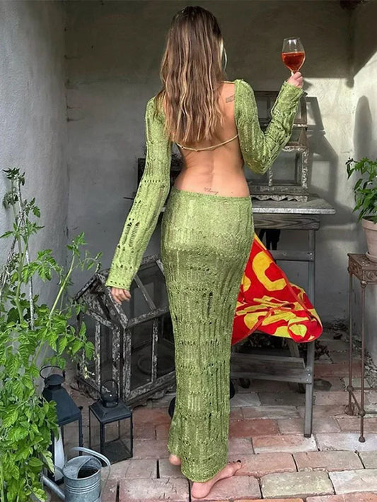 See Through Backless Dress for Summer Hollow Out Kintted Maxi Dresses Femme Club Vestido Woman