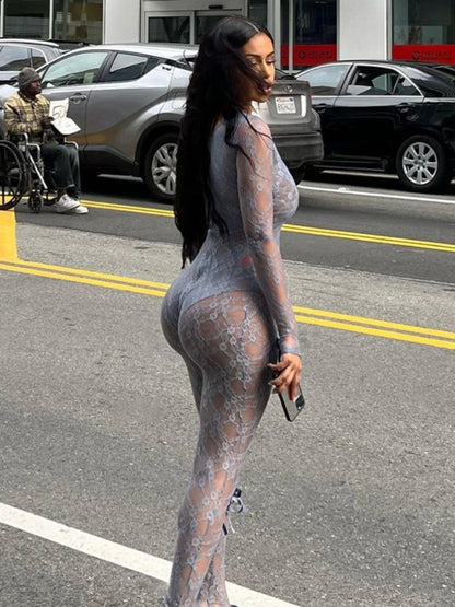 See Through Mesh Jumpsuit Bow Splice Long Sleeve Bodycon One Piece Hot Girl Party Club Overalls for Woman