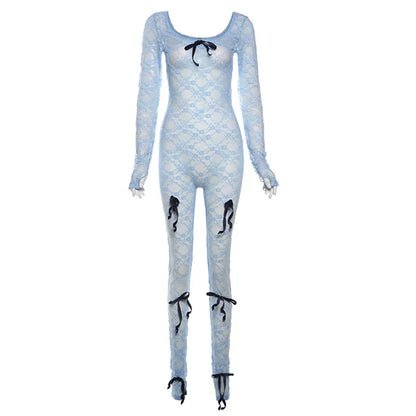 See Through Mesh Jumpsuit Bow Splice Long Sleeve Bodycon One Piece Hot Girl Party Club Overalls for Woman