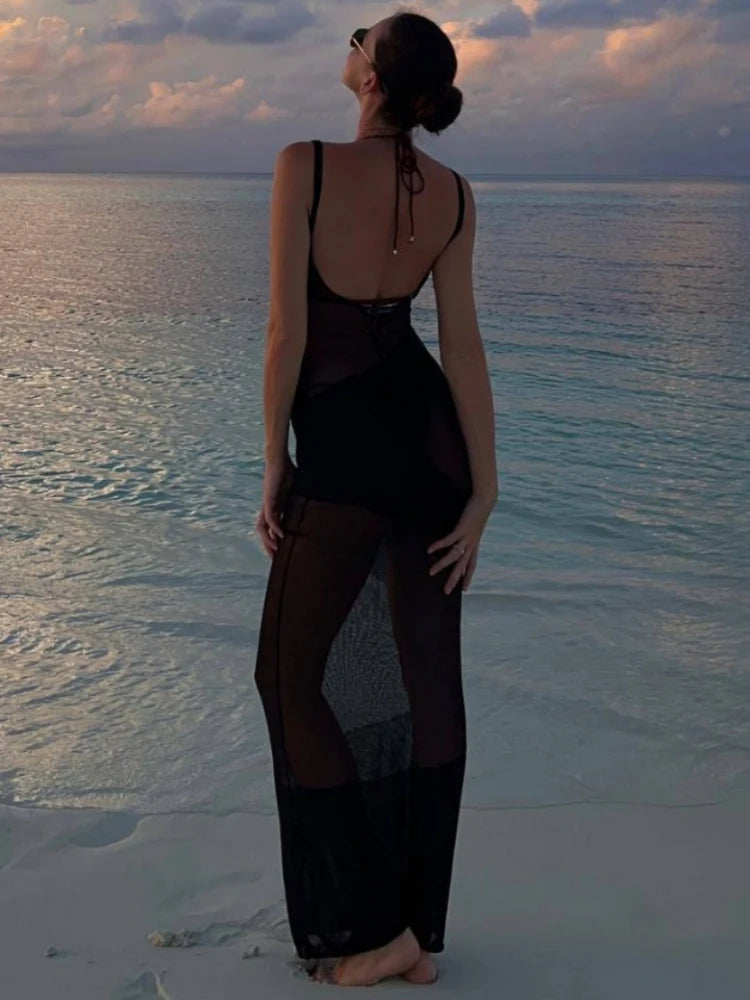 Backless Beach Dress Mesh Splice See Through Knitted Long Dresses Hot Party Slim Cover-up Dress