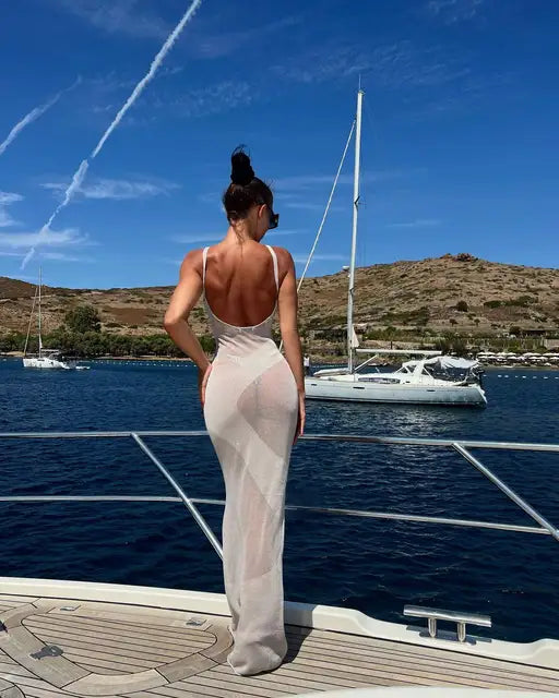 Backless Beach Dress Mesh Splice See Through Knitted Long Dresses Hot Party Slim Cover-up Dress