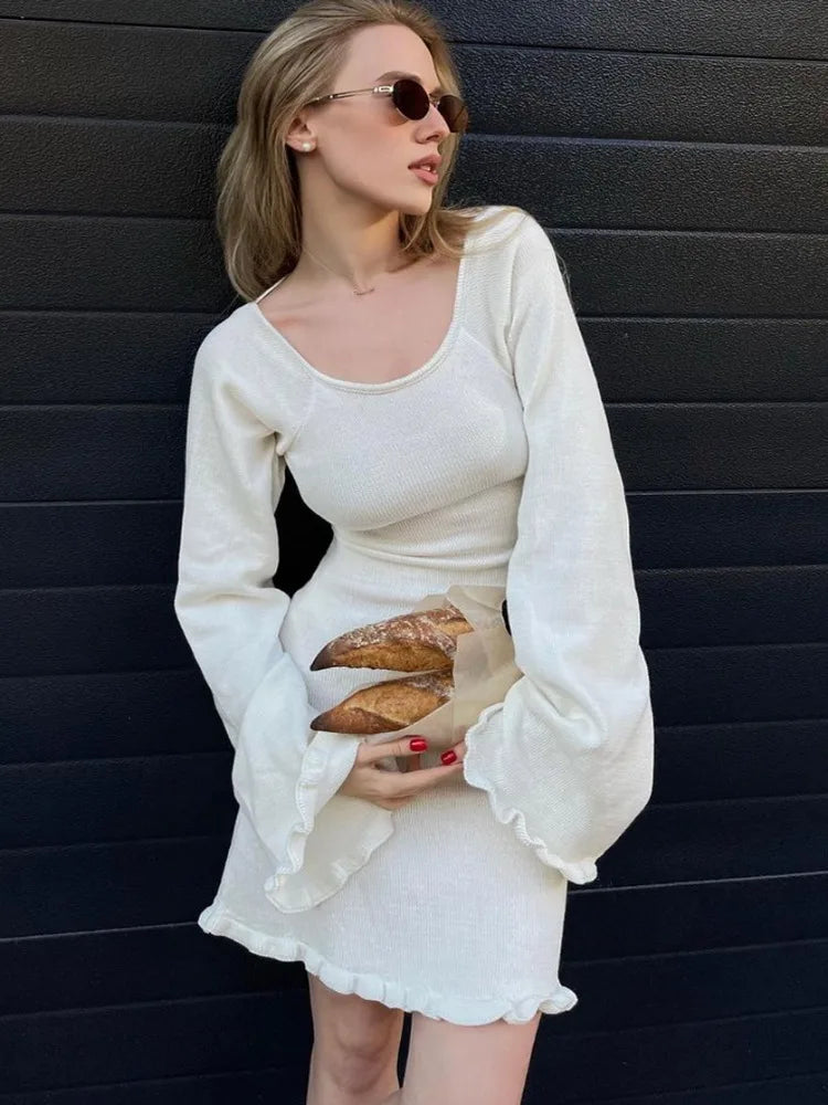 Backless Knitted Mini Dress for Lace Up Long Sleeve Short Dresses Hot Club High Waist Dress Femme