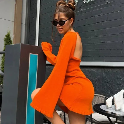 Backless Knitted Mini Dress for Lace Up Long Sleeve Short Dresses Hot Club High Waist Dress Femme