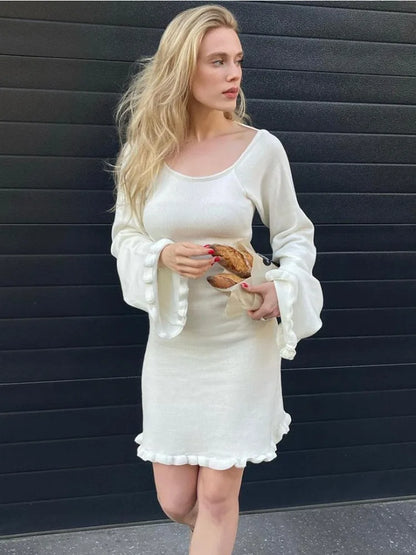 Backless Knitted Mini Dress for Lace Up Long Sleeve Short Dresses Hot Club High Waist Dress Femme
