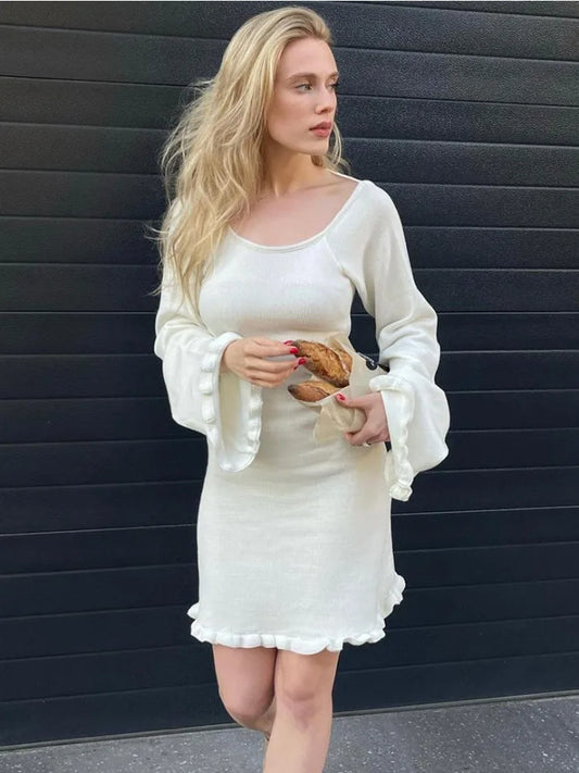 Backless Knitted Mini Dress for Lace Up Long Sleeve Short Dresses Hot Club High Waist Dress Femme