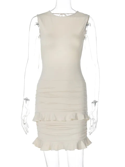Backless Lace Mini Dress ’s Ruched Patchwork Sleeveless Hip Wrap Slim Party Evening Dress Female