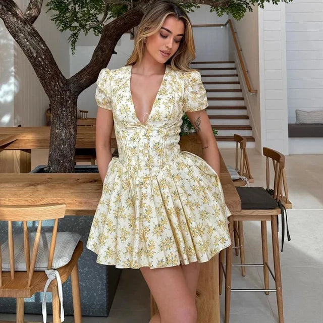 Deep V Short Sleeve Mini Dress ’s Lined Folds Patchwork Ball Gown Dress Club Party Outfit Summer