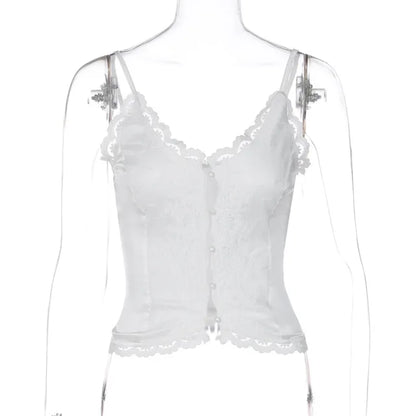 Lace Crop Tops for Y2k V Neck Buttons Sleeveless Short Cardigan Female Beach Beach Tank Top Woman