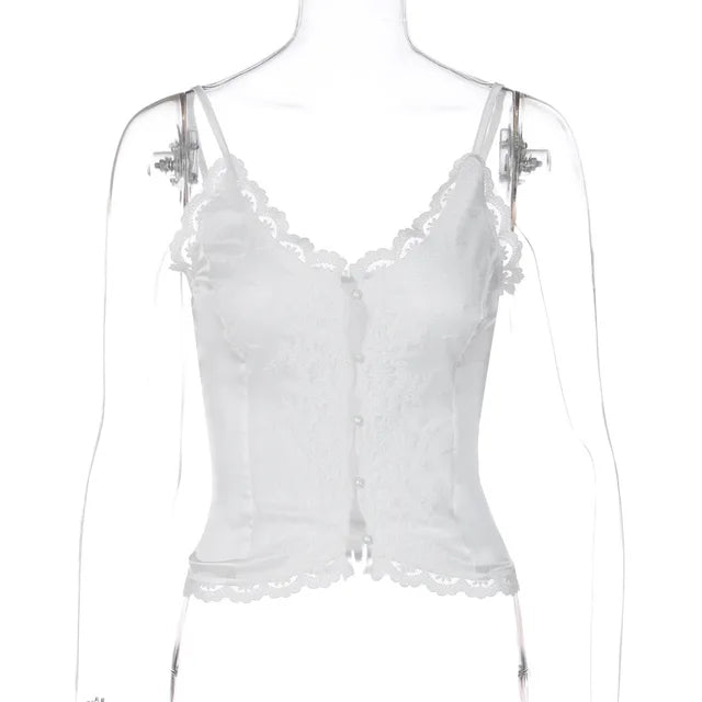 Lace Crop Tops for Y2k V Neck Buttons Sleeveless Short Cardigan Female Beach Beach Tank Top Woman