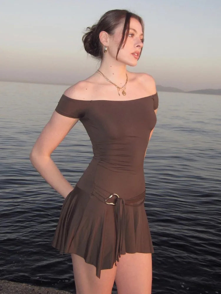 Off Shoulder Sleeveless Strapless Mini Dress for Splice Flounced Edge Slim With Belt Club Party Dresses Female