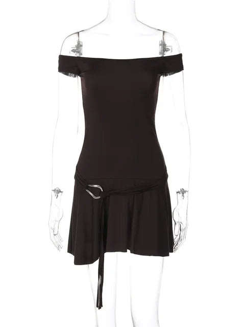 Off Shoulder Sleeveless Strapless Mini Dress for Splice Flounced Edge Slim With Belt Club Party Dresses Female
