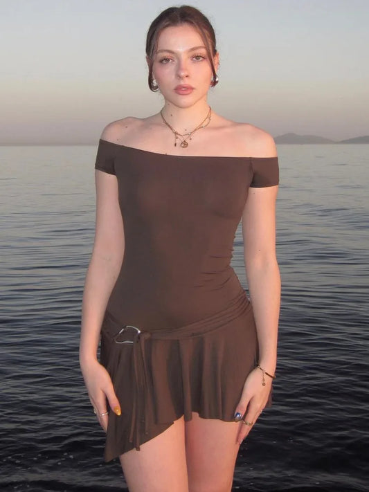 Off Shoulder Sleeveless Strapless Mini Dress for Splice Flounced Edge Slim With Belt Club Party Dresses Female