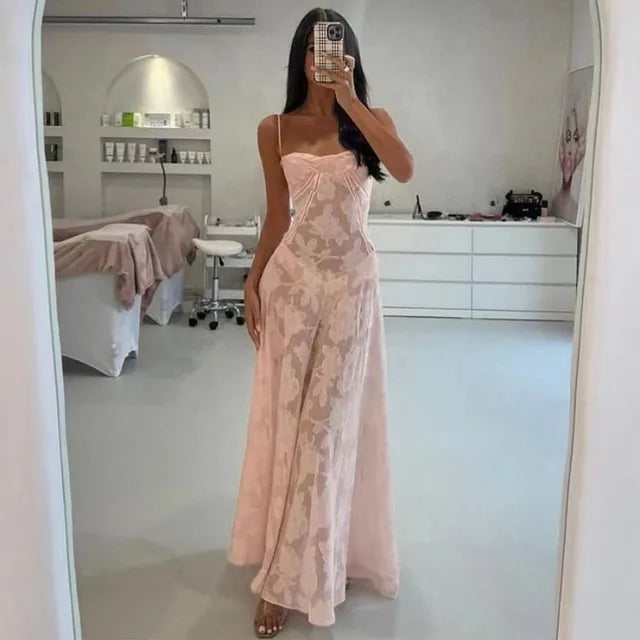 See Through Beach Spaghetti Maxi Dress for Plunge Off Shoulder Mesh Patchwork Long Holiday Dress Femme