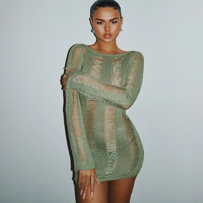 Sheer Knitted Dress Bodycon Long Sleeve Hollow Out Mini Dresses Femme Club Backless Knitwear Dress