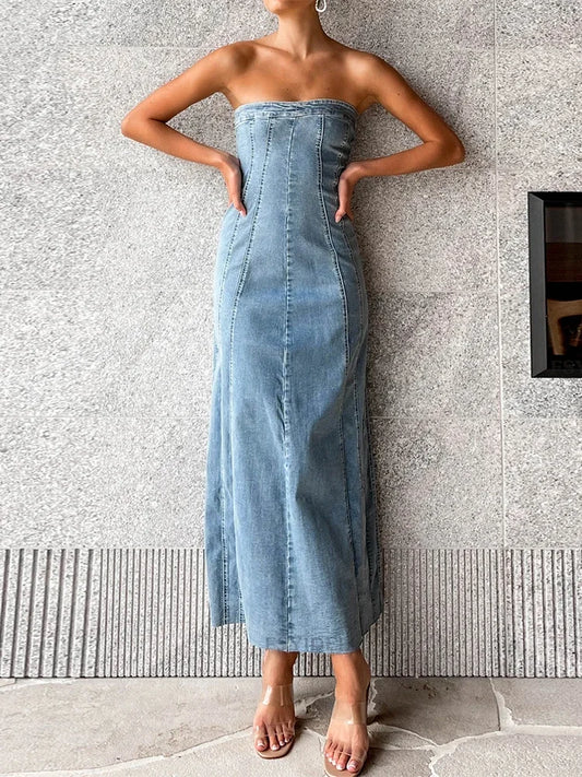 Side Slit Denim Bodycon Dress for Slim Sleeveless Maxi Dresses ’s Street Woman Autumn New