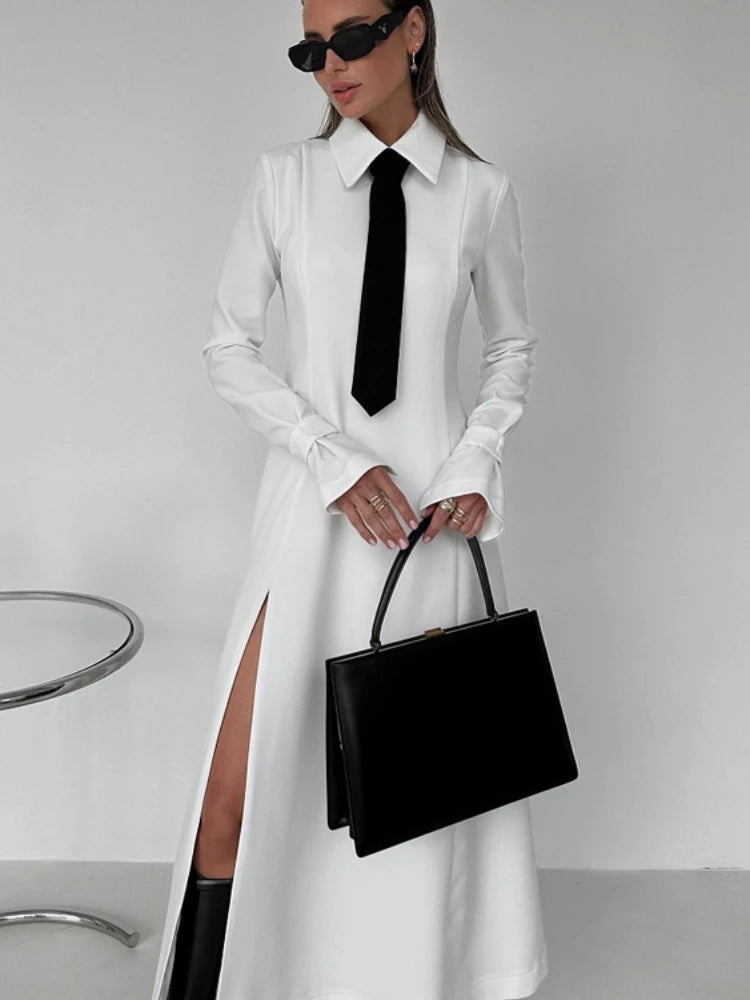 Side Slit Long Dress for White Turn Collar Tie Midi Dresses Femme New Street Loose Slender Dress Woman