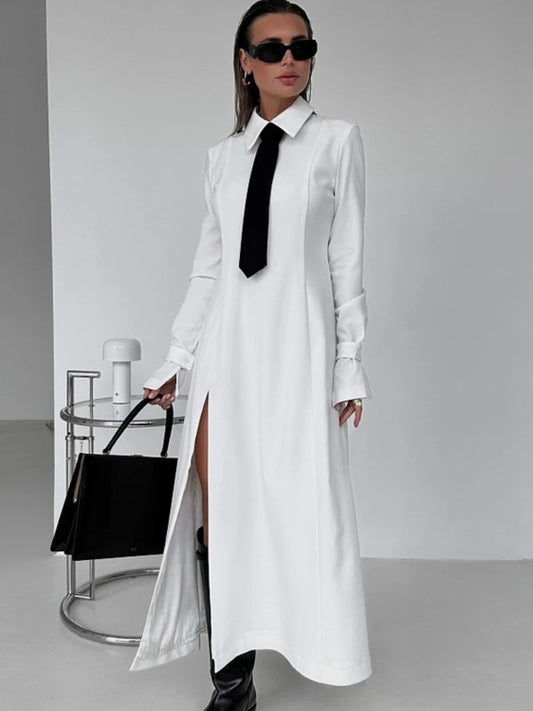 Side Slit Long Dress for White Turn Collar Tie Midi Dresses Femme New Street Loose Slender Dress Woman