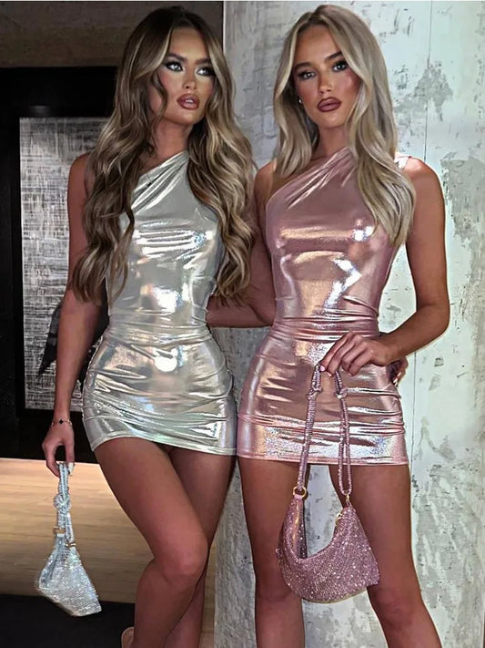 Silver Pu Mini Dress Bodycon Sleeveless High Waisted Sheath Dresses Party Slim Dress New