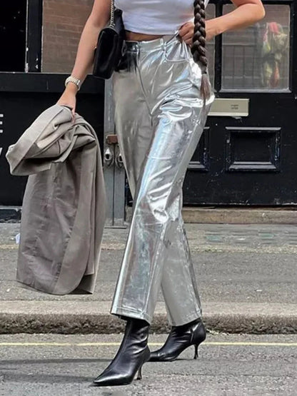 Silver Pu Pants High Waist Loose Wide Leg Pants Clubwear Party Femme Long Pant Autumn