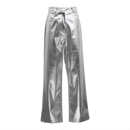 Silver Pu Pants High Waist Loose Wide Leg Pants Clubwear Party Femme Long Pant Autumn