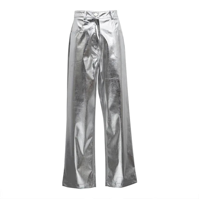 Silver Pu Pants High Waist Loose Wide Leg Pants Clubwear Party Femme Long Pant Autumn