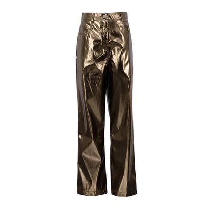 Silver Pu Pants High Waist Loose Wide Leg Pants Clubwear Party Femme Long Pant Autumn