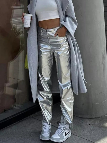 Silver Pu Pants High Waist Loose Wide Leg Pants Clubwear Party Femme Long Pant Autumn