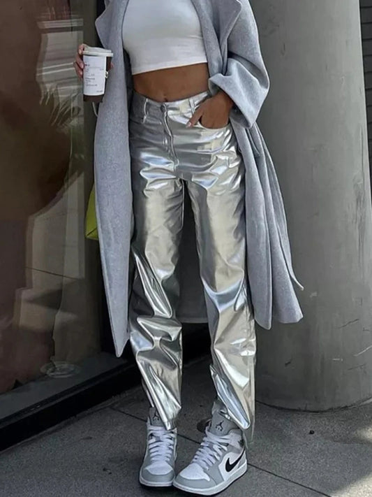 Silver Pu Pants High Waist Loose Wide Leg Pants Clubwear Party Femme Long Pant Autumn