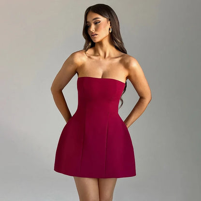 Sleeveless Strapless Mini Dress Patchwork High Waist Summer Female Bodycon Plunge Vacation Dress New