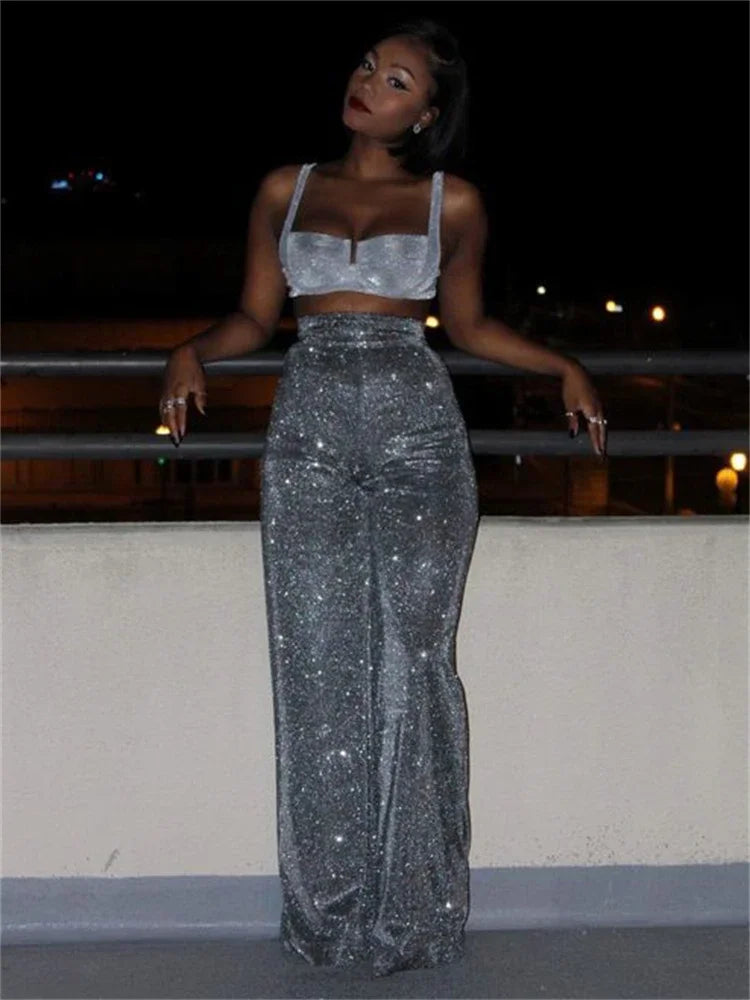 Sliver Glitter High Waist Pants Straight Leg Party Night Clubwear Trousers Sparkly Bottom