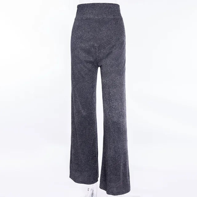 Sliver Glitter High Waist Pants Straight Leg Party Night Clubwear Trousers Sparkly Bottom