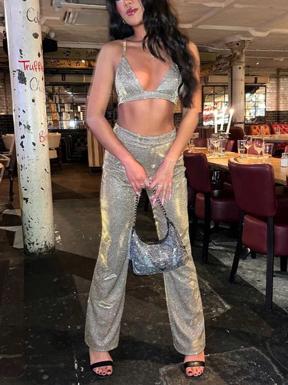 Sliver Sequins Blazers for Suit High Waist Loose Pants Female Blazer Jacket Party Pant Sets Outfits